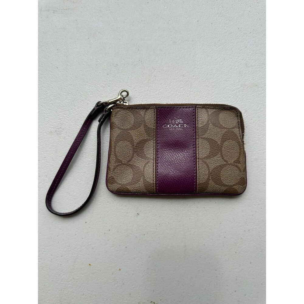 Vintage Coach 8035 Plum Stripe Signature Coated Canvas Zip Top Pouch Wristlet